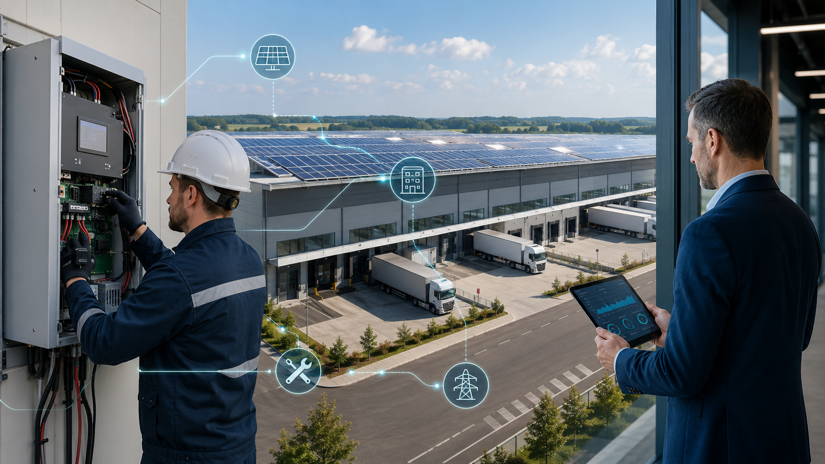 Tecnico al lavoro su un inverter in un impianto fotovoltaico commerciale