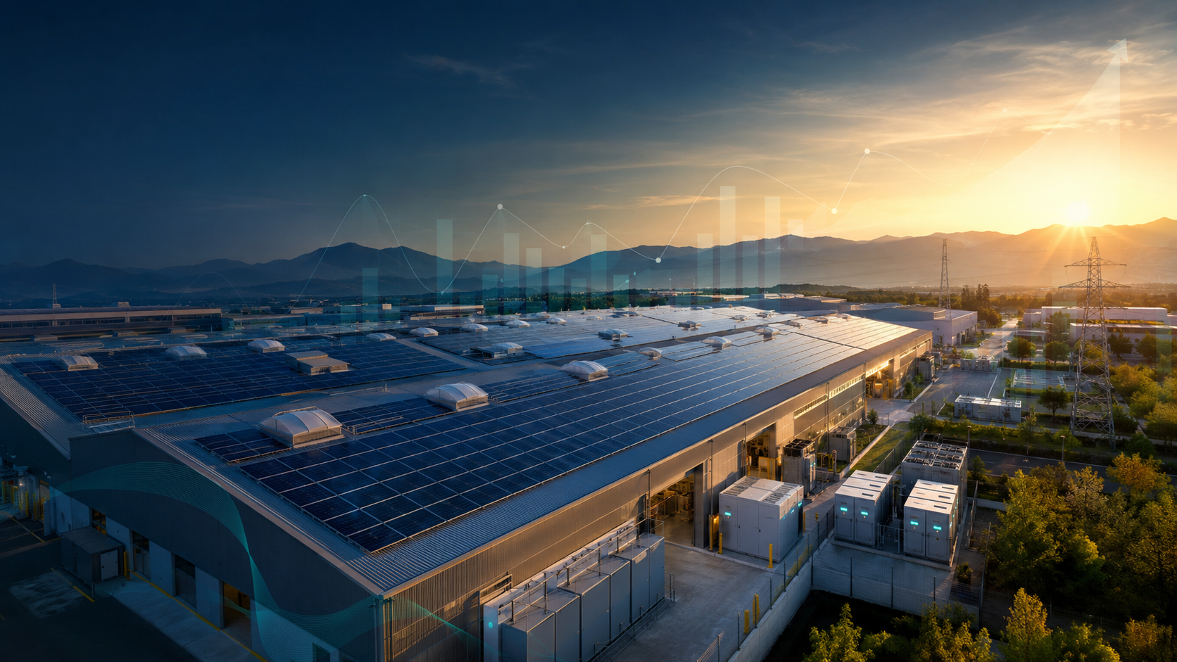 Impianto fotovoltaico industriale al tramonto con indicatori di rendimento