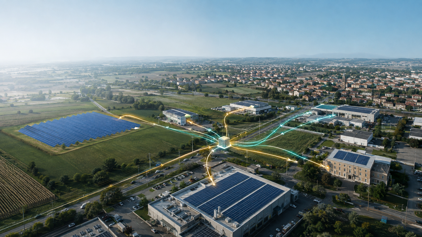 Vista aerea della condivisione di energia tra più edifici collegati alla stessa area di rete