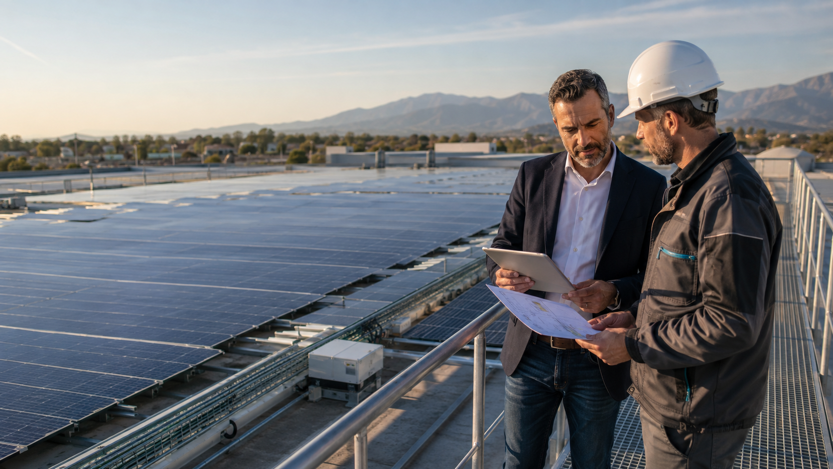 Imprenditore e tecnico analizzano il progetto fotovoltaico sulla copertura aziendale